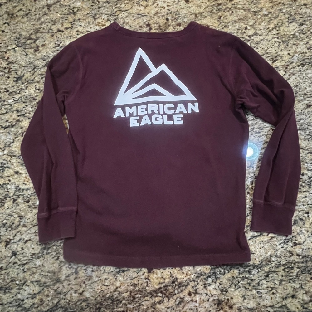 American Eagle‎ Womens Long Sleeve Graphic Tee Maroon Mountain Logo Medium